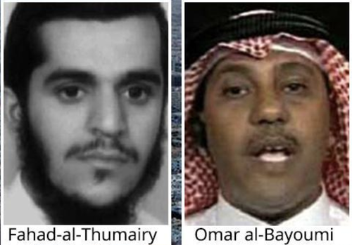 Side-by-side photos of a slender, bearded Fahad al-Thumairy and a round-faced, turbaned Omar al-Bayoumi